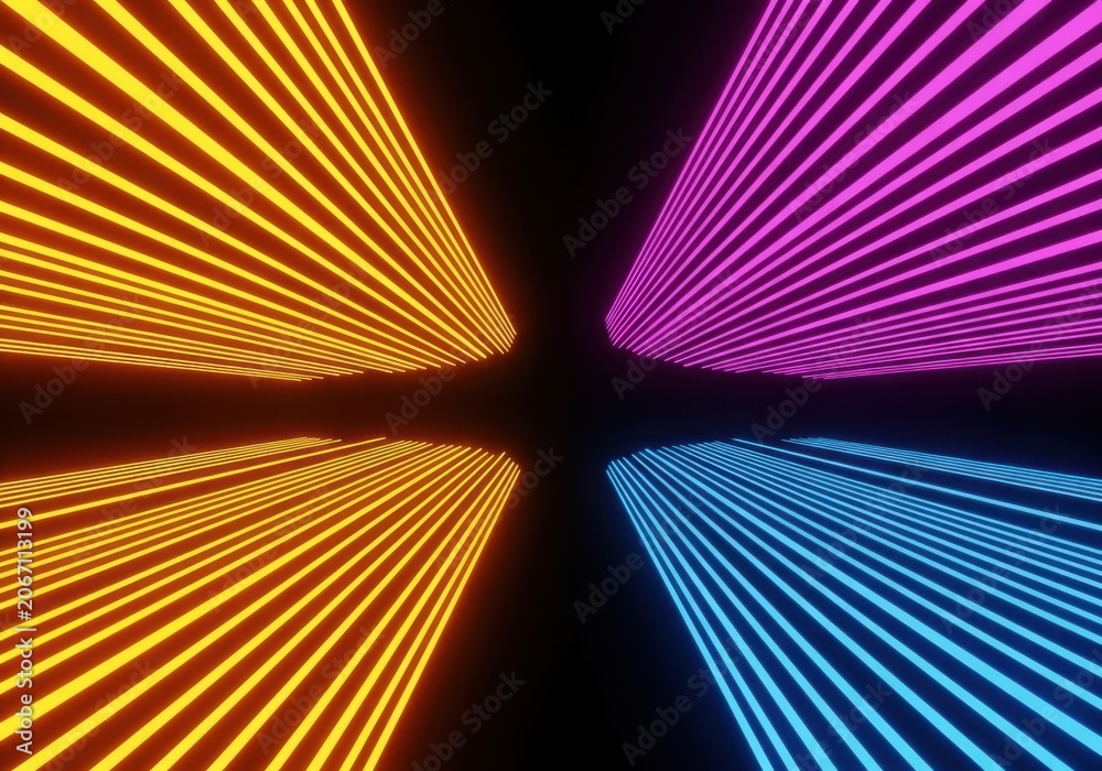 Fototapeta premium Abstract glowing neon lines in orange, pink, and blue converge towards a central point on a dark reflective surface, creating a futuristic tunnel effect