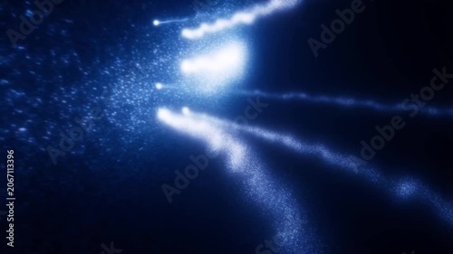 Cosmic Energy Burst: A dynamic explosion of blue and white light particles in the darkness, suggesting a powerful cosmic event or energy release.