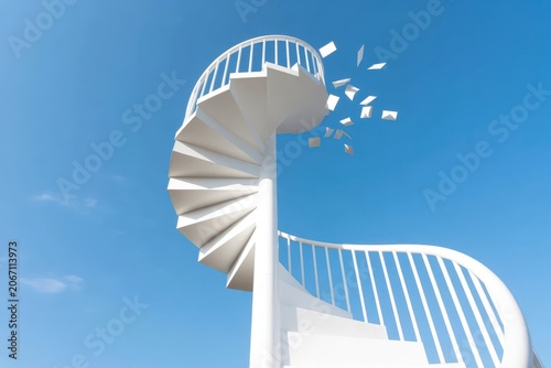 Stairway to Nowhere, A white spiral staircase winding up into a blue sky and ending abruptly. Minimalist surrealism.