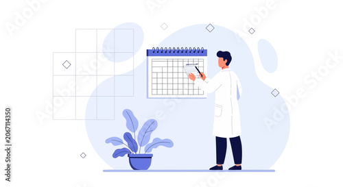 Doctor planning schedule on calendar with medical research notes and potted plant, modern flat vector illustration