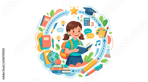Konstfotografi School Girl Reading Educational Vector Illustration