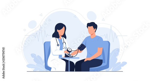 Doctor measuring patient's blood pressure in modern flat vector illustration style with medical icons and soft blue background.