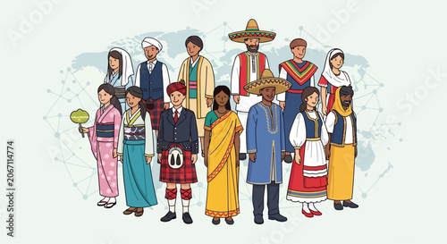 Diverse people in traditional clothing from around the world