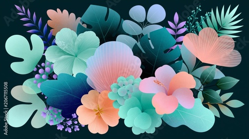tropical watercolor flowers in soft pastel botanical composition