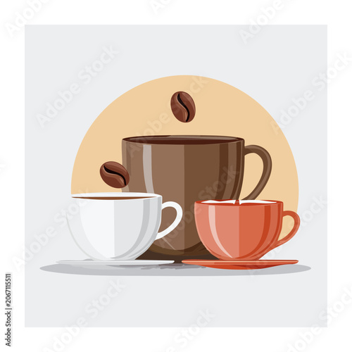 Flat design illustration of three coffee cups and beans