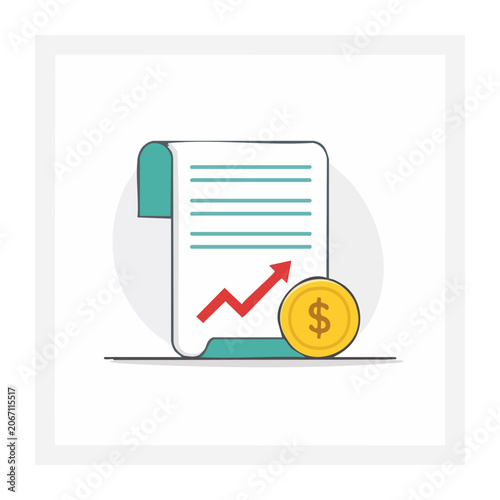 Flat icon of financial document with coin and growth graph