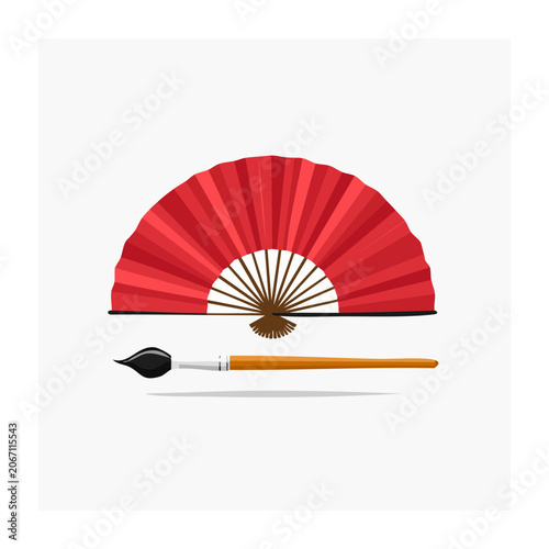 Red Fan and Paintbrush Flat Illustration