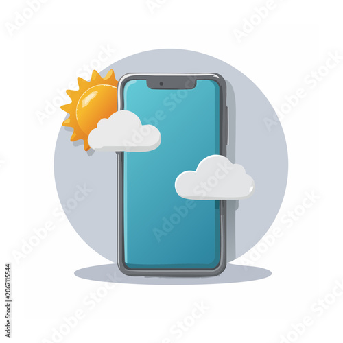 Smartphone displaying weather forecast with sun and clouds