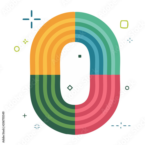 Stylized number zero with colorful segments and decorative elements