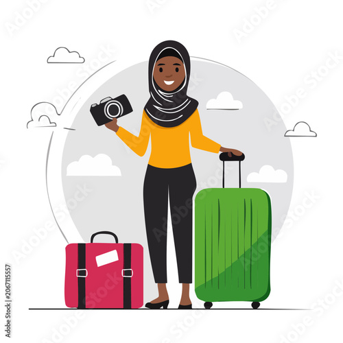 Woman with camera and luggage in flat vector style