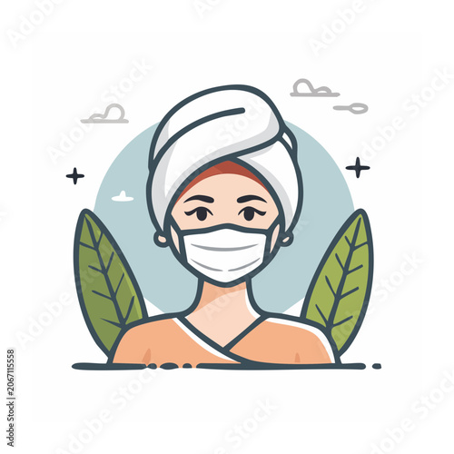 Woman with face mask and towel in flat design illustration