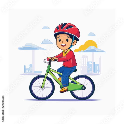 Cartoon boy riding a green bicycle with helmet