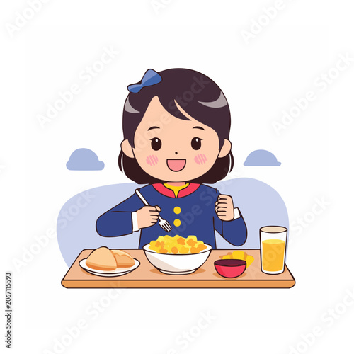 Cartoon girl eating breakfast at a table