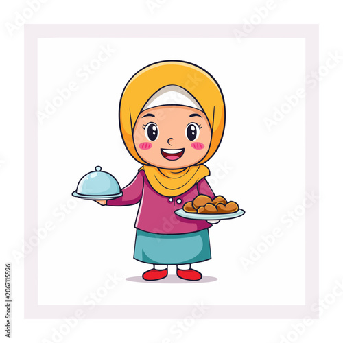 Cartoon girl in hijab serving food on tray