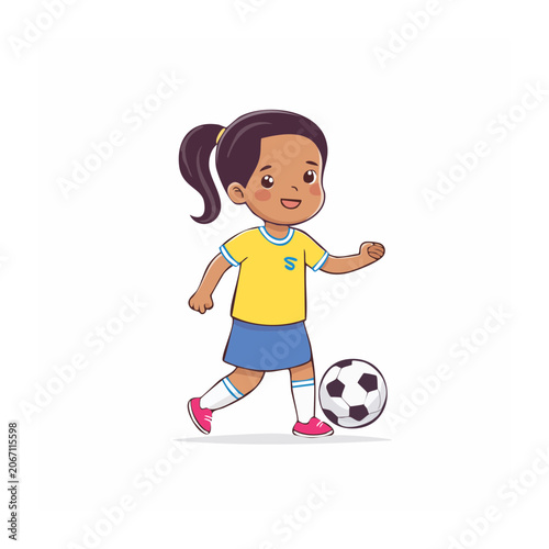 Cartoon girl playing soccer with ball