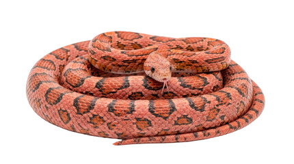 Coiled orange and black snake curled up with head raised on white background