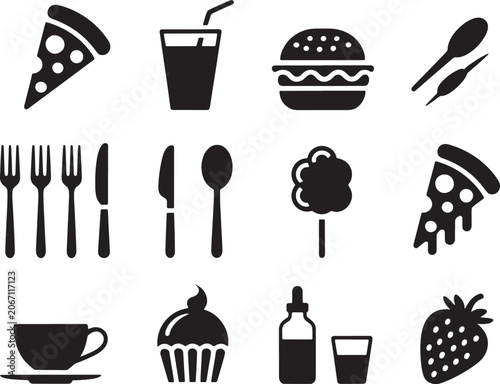 Fast Food and Beverage Black Glyph Icons Set Vector Illustration