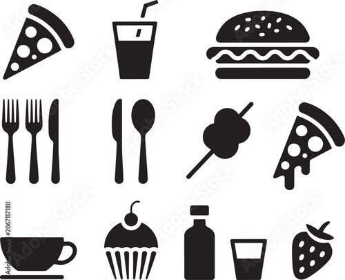 Fast Food and Dessert Glyph Icons Set Black Silhouette Vector
