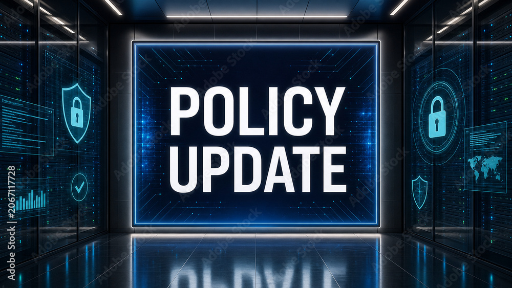 Obraz premium Glowing policy update sign in a futuristic server room with digital locks, security icons, blue tech interface, and compliance concept.