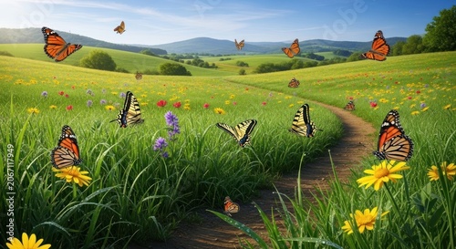 Vibrant monarch butterflies flutter gracefully over a lush green meadow with rolling hills and a winding dirt path under a clear blue sky.