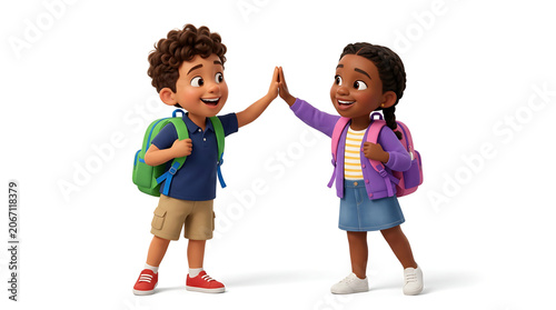 3d illustration of a happy young boy and girl giving a high five, wearing school backpacks