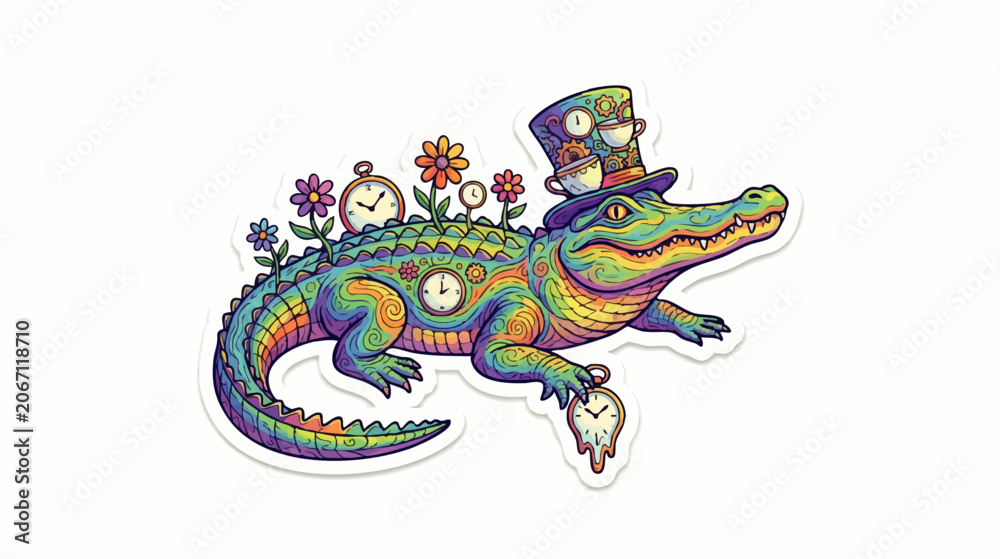 Fototapeta premium Colorful psychedelic crocodile illustration with melting clocks top hat and flowers in a whimsical surreal sticker art style