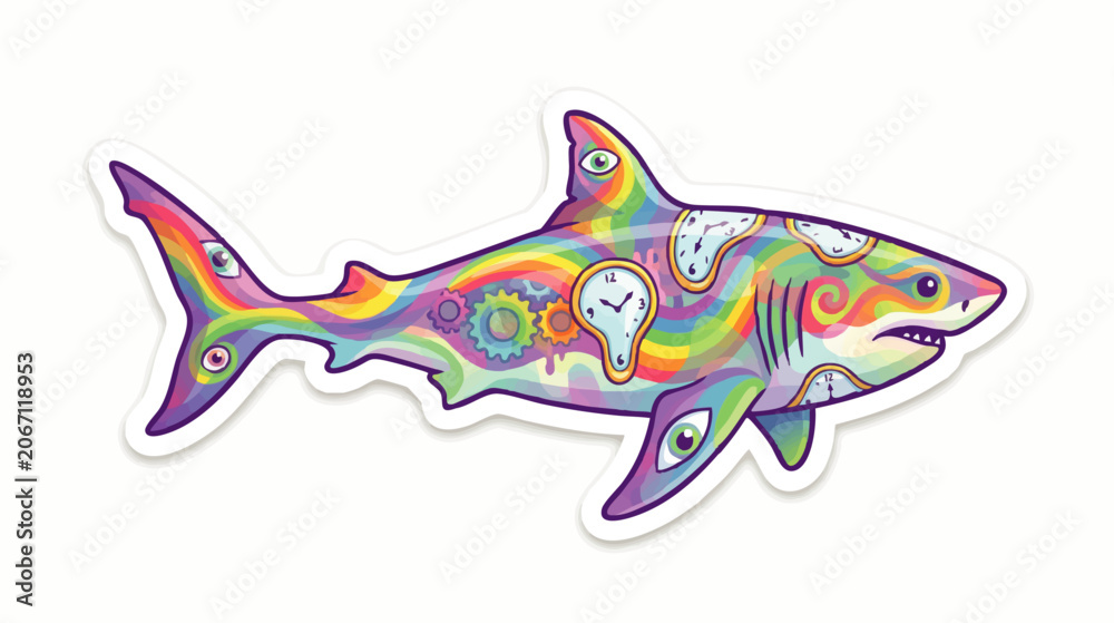 Fototapeta premium Psychedelic Rainbow Shark Sticker with Melting Clocks and Surreal Art Design on White Background