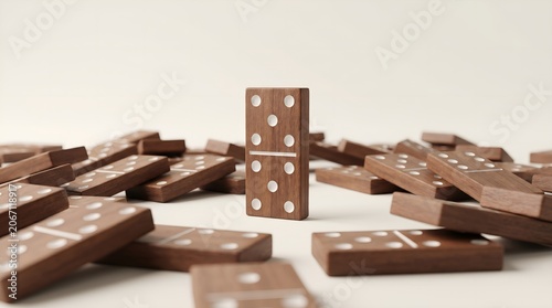 Standing wooden domino tile amidst scattered pieces representing leadership and victory