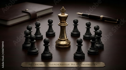 Golden chess king demonstrating effective leadership and strategic power within a business team structure