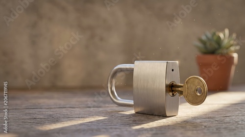 Secured access A silver padlock with a key inserted, symbolizing protection and privacy