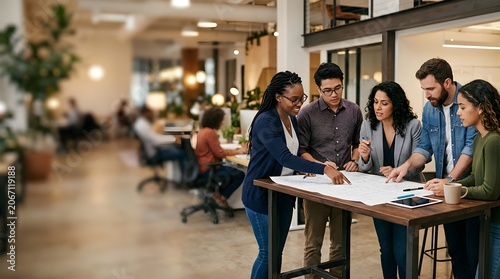Diverse business team collaborating on architectural plans in office