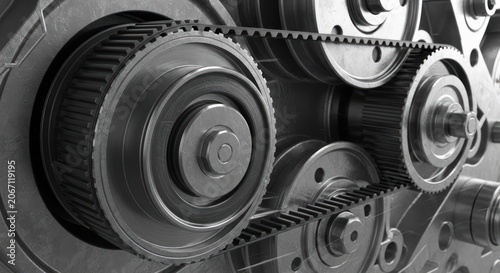 Close-up view of a complex industrial engine timing belt system with multiple pulleys and gears.