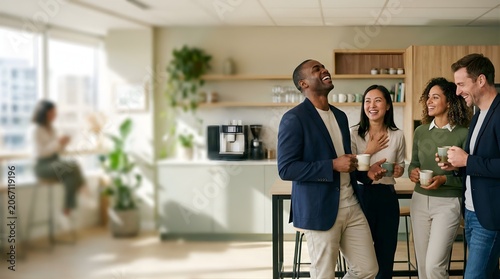 Diverse business team laughing while having coffee in a modern office kitchen
