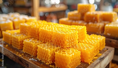 Freshly harvested golden honeycomb blocks.