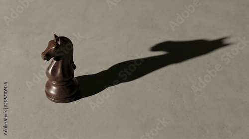 Brown chess knight piece casting a long dramatic shadow on grey concrete background