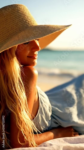 Woman in straw hat relaxing on tropical beach sunset.