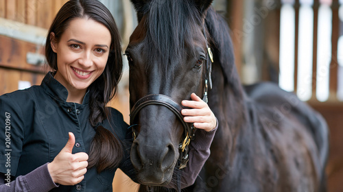 Smiling female horse farm owner showing thumbs up next to her beautiful black horse in a wooden stable, small business concept