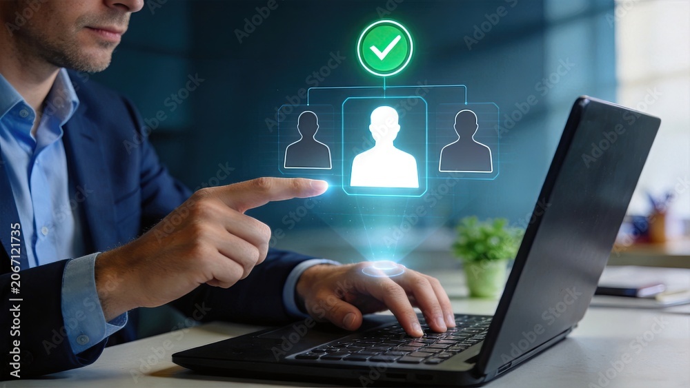 Fototapeta premium Professional selecting verified user profile from holographic interface on laptop representing identity verification access control and secure authentication system for digital