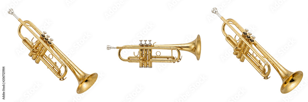 Obraz premium Classical Brass Trumpet Set | Professional Orchestral Wind Instruments Collection | Shiny Golden Jazz Trumpets with Piston Valves Isolated on White Background Asset.