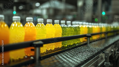 product bottles fruit juice on the conveyor belt in the beverage factory, industrial, manufacture, production, line, plant, technology, juice, machine, machinery, equipment, automated