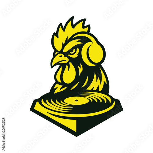 Rooster DJ Mascot Logo with Turntable Vinyl Record Vector Illustration