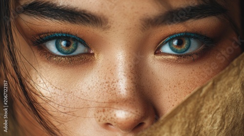 Young Japan woman with beautiful bright brown eyes with shining blue shadows, beige lipstick and expressive eyebrows, pitted look of colored paper, fashion, beauty, make-up, cosmetics, salon style
