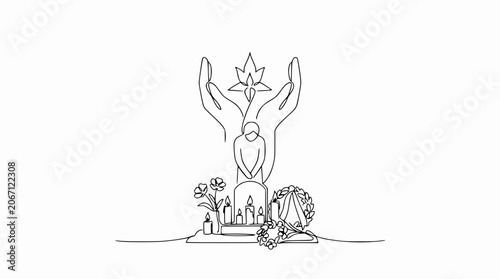 Quadro su tela Grief, Mourning, Remembrance: Hands cradling candlelit altar with flowers and wr