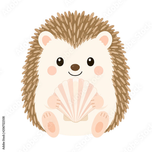北欧風デザインの貝殻を持ったかわいいハリネズミのイラスト