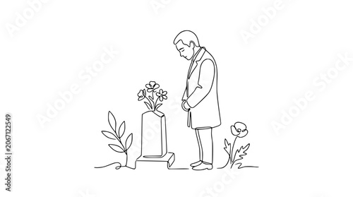Obraz na plátne Man Mourning at Gravestone with Flowers, Single Line Art