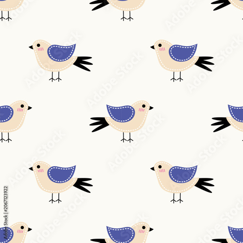 Cute Bird Seamless Pattern with Hand Drawn Folk Style Illustration Background