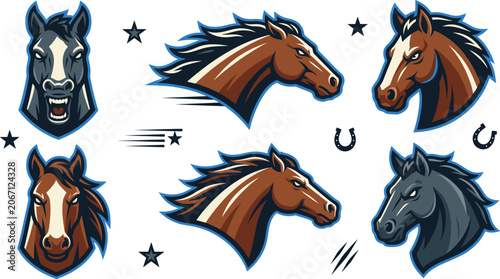 Fotografía Horse Mascot Head Collection Powerful Stallion and Racing Equine Character Vecto