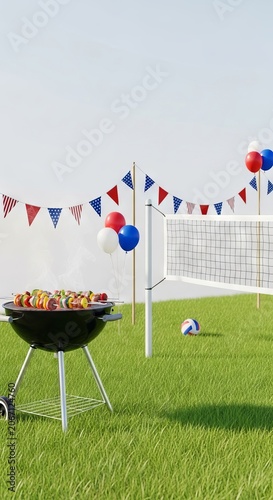 A vibrant outdoor scene featuring a barbecue grill with skewers, a volleyball net on grass, and festive red, white, and blue decorations, lawn, food, fun