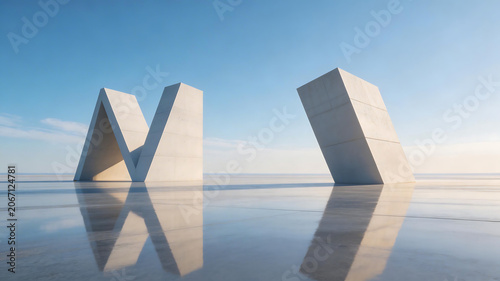 Abstract concrete sculptures on reflective surface representing futuristic concepts and abstract thought