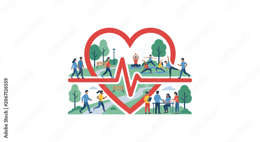 Obraz premium Healthy Lifestyle Concept with Heart Pulse and Active People